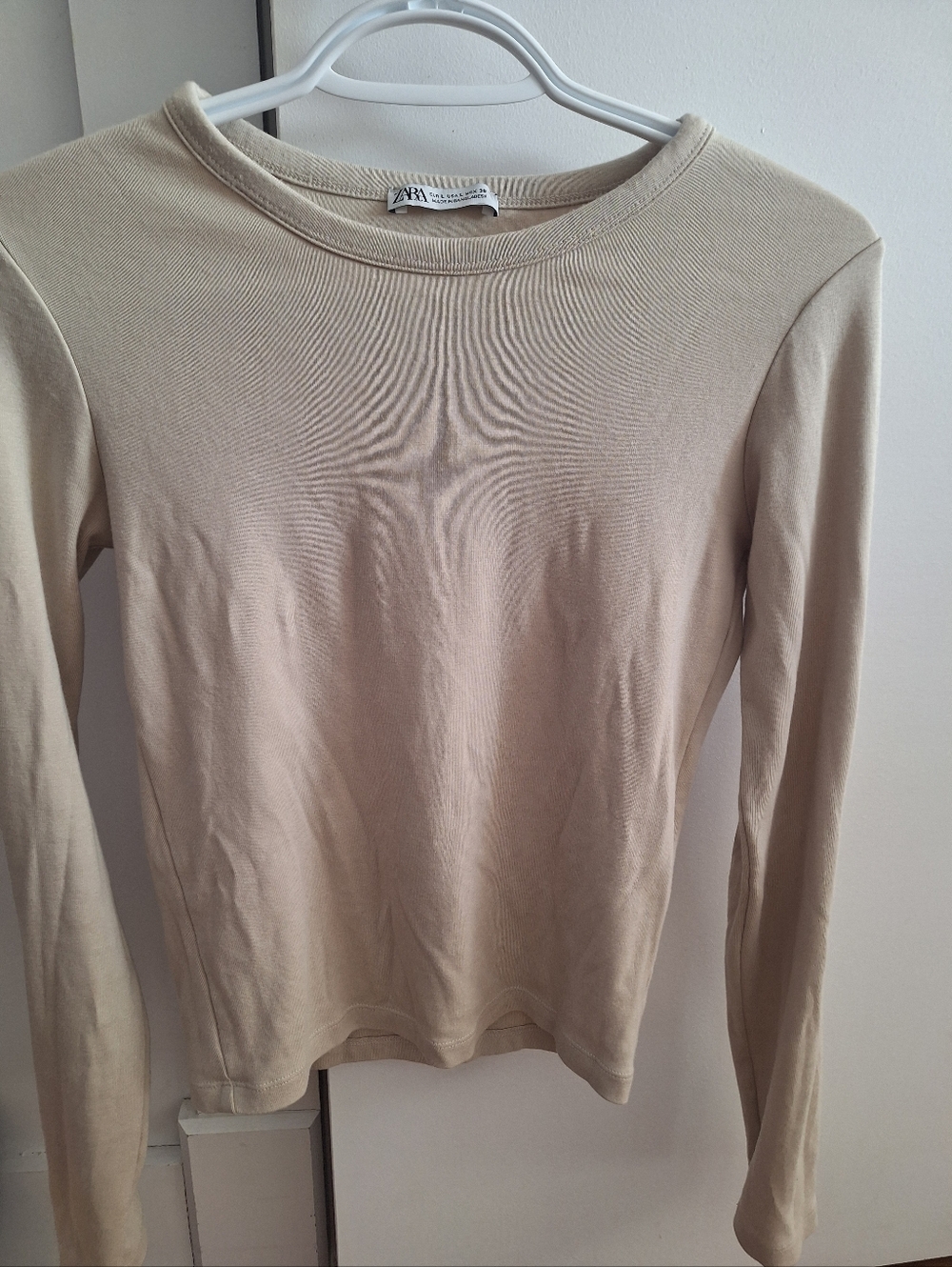 Zara Beige Long Sleeve Crewneck Top